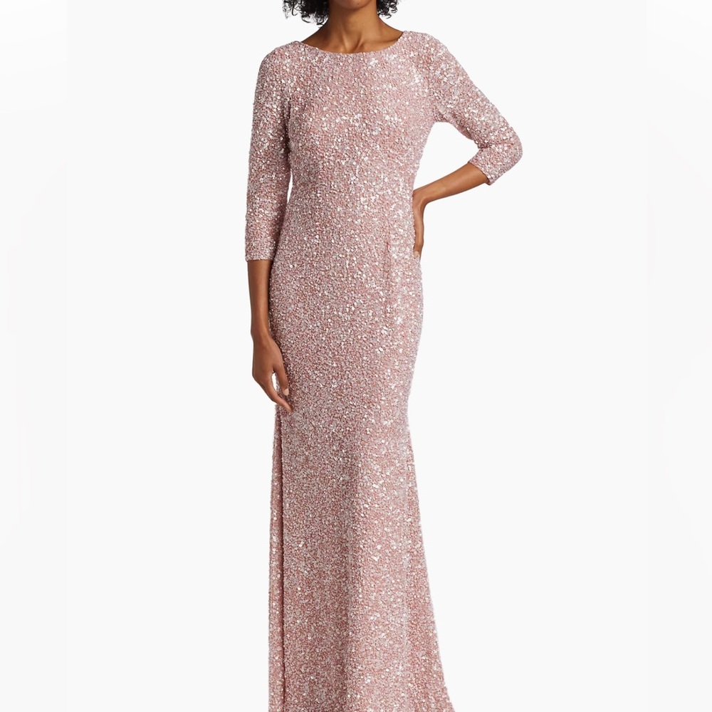 Theia Three-Quarter Sleeve Sequin Sheath Gown